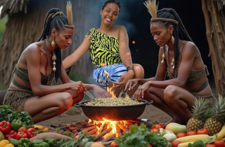 African Village Life and Tribal women Butcher & Cook Wild Game /Grilling Organic Chicken Over Fire